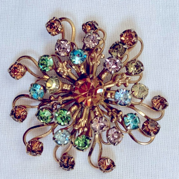 Vintage Rhinestone Brooch Unmarked Purple, Green, Blue & Brown - Picture 1 of 5